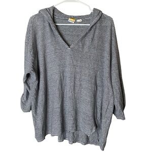 C&C California Linen Striped Hooded Top Size 2X Roll Tab Sleeve Coastal Gma Boho